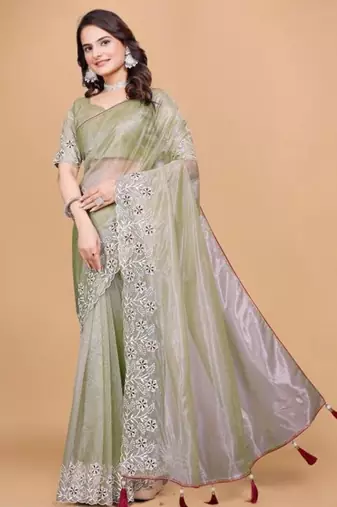 Olive Color Twill Net With Embroidery Work Saree