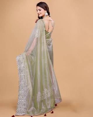 Olive Color Twill Net With Embroidery Work Saree 3