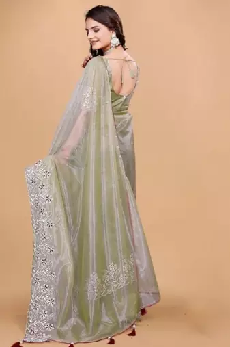 Olive Color Twill Net With Embroidery Work Saree