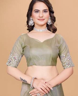Olive Color Twill Net With Embroidery Work Saree 4