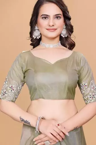 Olive Color Twill Net With Embroidery Work Saree