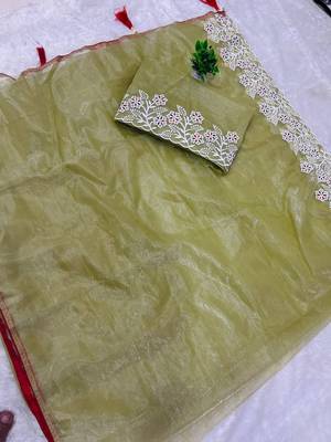 Olive Color Twill Net With Embroidery Work Saree 5