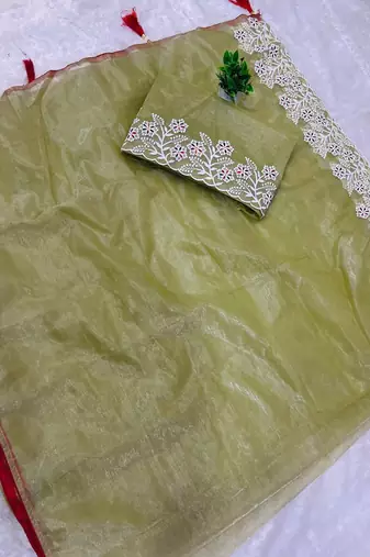 Olive Color Twill Net With Embroidery Work Saree