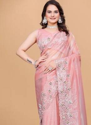 Peach Color Twill Net With Embroidery Work Saree 1