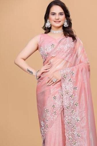 Peach Color Twill Net With Embroidery Work Saree