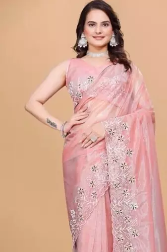 Peach Color Twill Net With Embroidery Work Saree