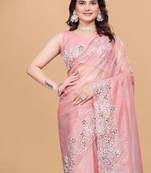 Peach Color Twill Net With Embroidery Work Saree