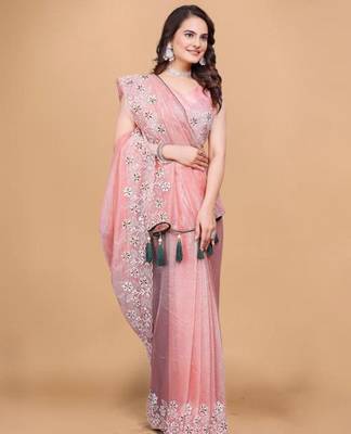 Peach Color Twill Net With Embroidery Work Saree 2
