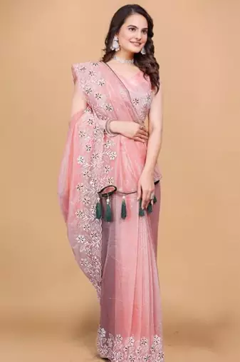 Peach Color Twill Net With Embroidery Work Saree