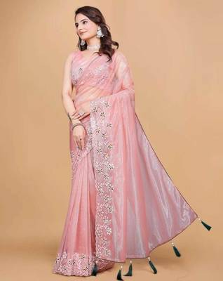 Peach Color Twill Net With Embroidery Work Saree 3