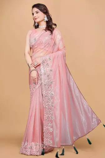 Peach Color Twill Net With Embroidery Work Saree