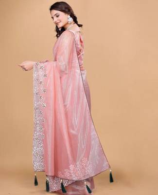Peach Color Twill Net With Embroidery Work Saree 4