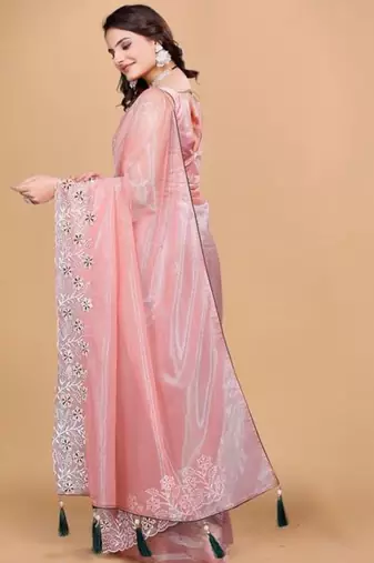 Peach Color Twill Net With Embroidery Work Saree