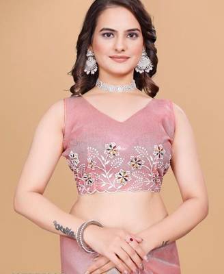Peach Color Twill Net With Embroidery Work Saree 5