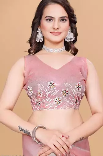 Peach Color Twill Net With Embroidery Work Saree