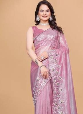 Pink Color Twill Net With Embroidery Work Saree 1