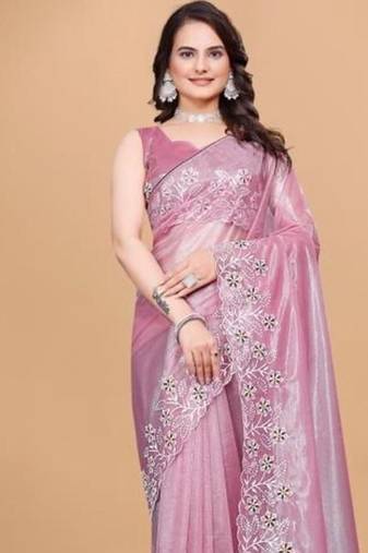 Pink Color Twill Net With Embroidery Work Saree