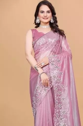 Pink Color Twill Net With Embroidery Work Saree