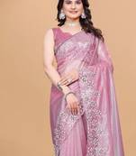 Pink Color Twill Net With Embroidery Work Saree