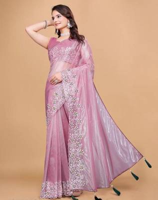 Pink Color Twill Net With Embroidery Work Saree 2
