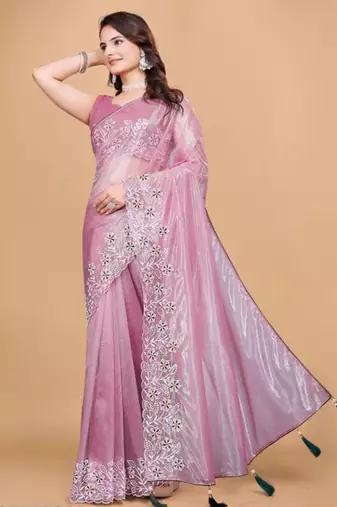 Pink Color Twill Net With Embroidery Work Saree