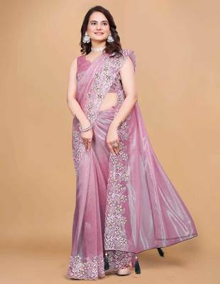 Pink Color Twill Net With Embroidery Work Saree 3