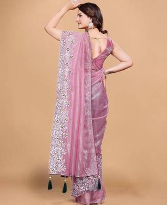 Pink Color Twill Net With Embroidery Work Saree 4