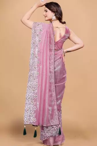 Pink Color Twill Net With Embroidery Work Saree
