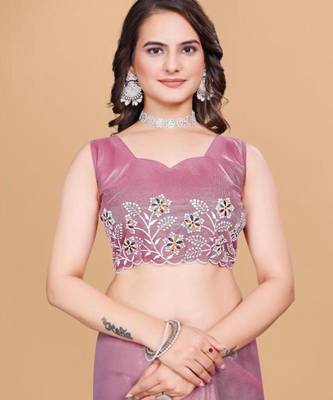 Pink Color Twill Net With Embroidery Work Saree 5