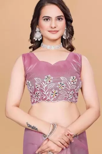 Pink Color Twill Net With Embroidery Work Saree