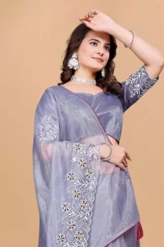 Violet Color Twill Net With Embroidery Work Saree