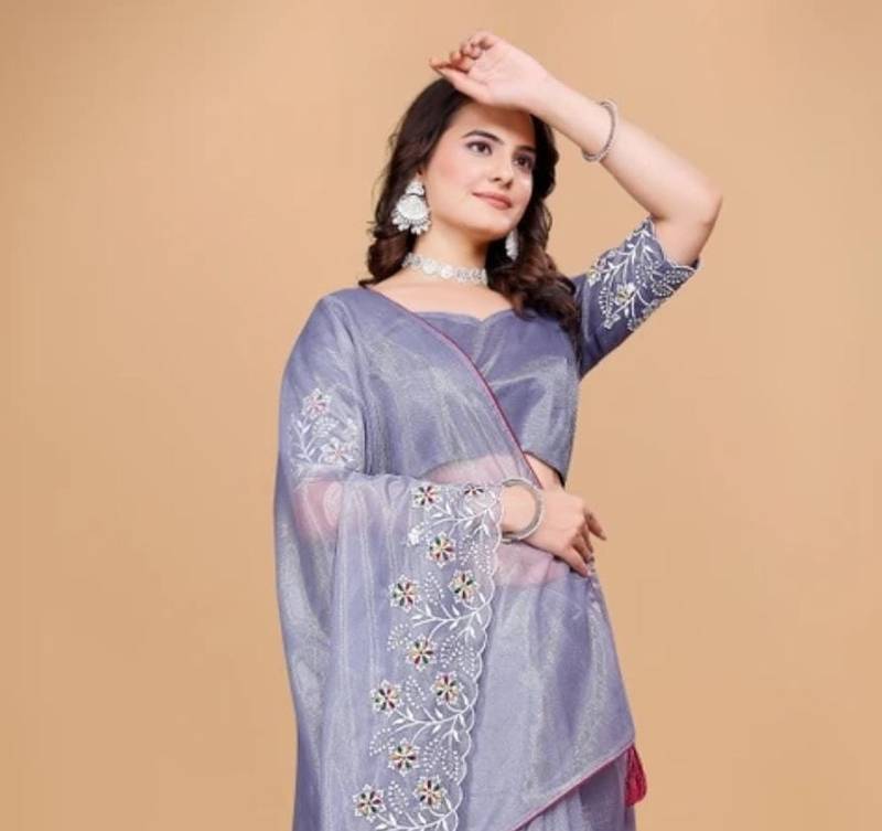 Violet Color Twill Net With Embroidery Work Saree