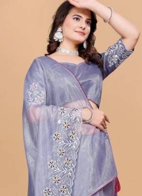 Violet Color Twill Net With Embroidery Work Saree 1