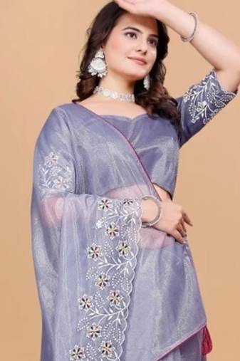 Violet Color Twill Net With Embroidery Work Saree