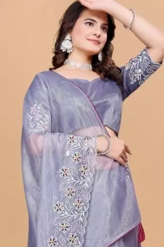 Violet Color Twill Net With Embroidery Work Saree