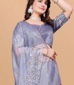 Violet Color Twill Net With Embroidery Work Saree