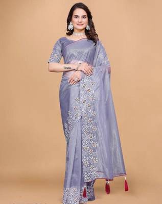 Violet Color Twill Net With Embroidery Work Saree 2