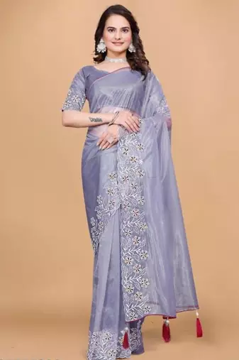 Violet Color Twill Net With Embroidery Work Saree