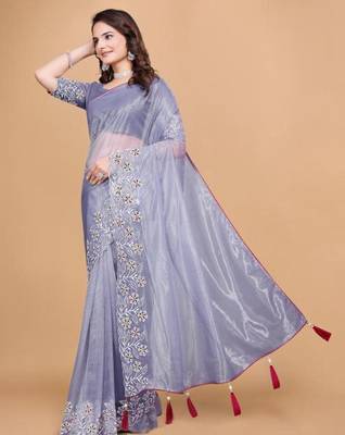 Violet Color Twill Net With Embroidery Work Saree 3