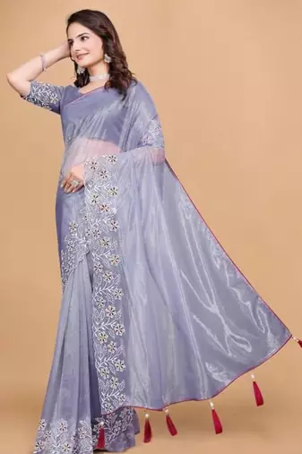 Violet Color Twill Net With Embroidery Work Saree