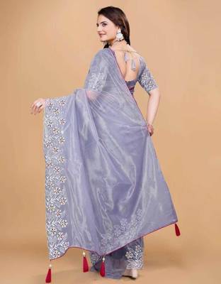 Violet Color Twill Net With Embroidery Work Saree 4