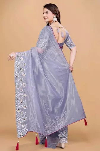 Violet Color Twill Net With Embroidery Work Saree