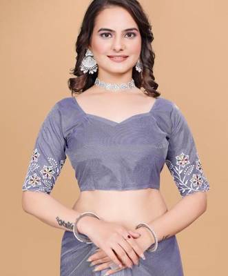 Violet Color Twill Net With Embroidery Work Saree 5