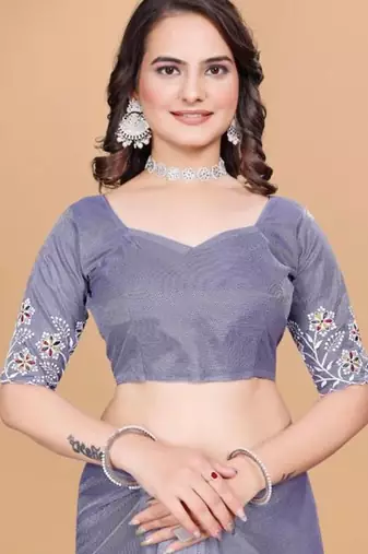 Violet Color Twill Net With Embroidery Work Saree