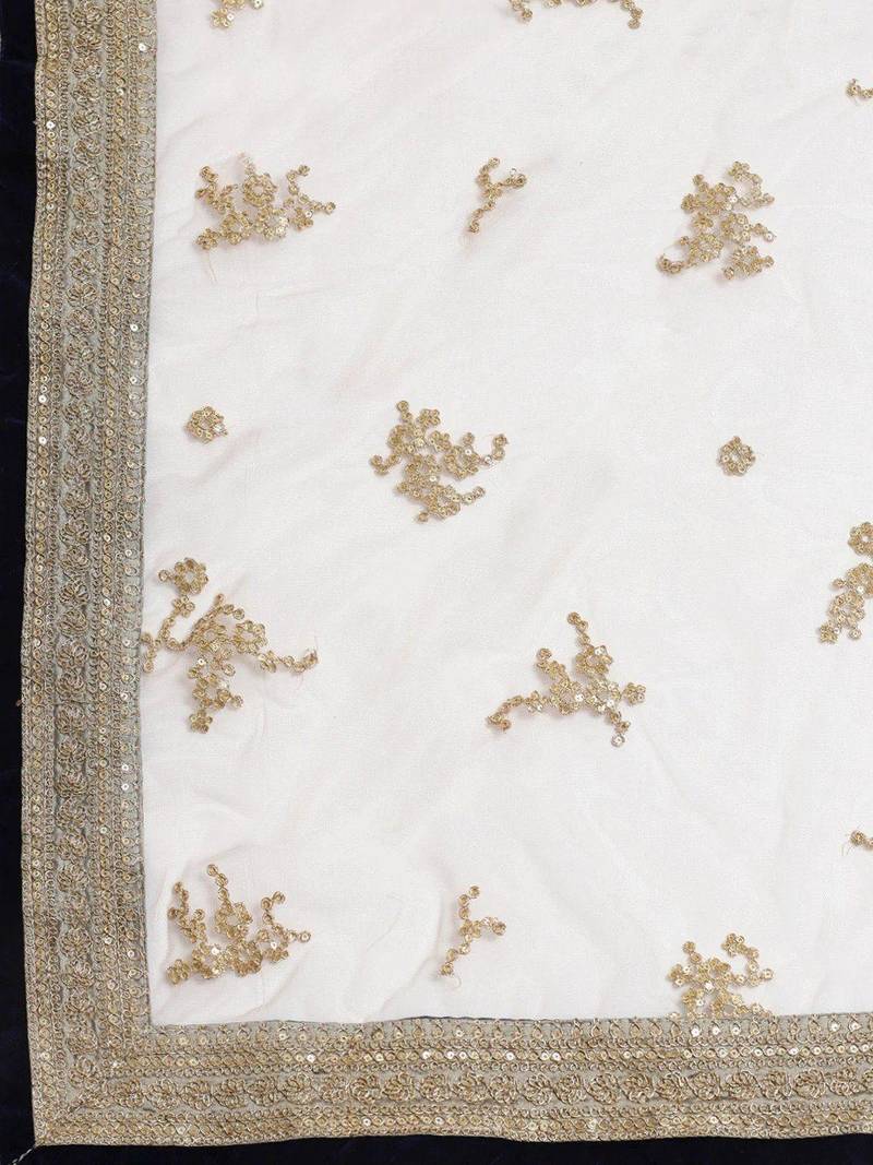 White & Taupe Embroidered Semi-Stitched Lehenga & Unstitched Blouse with Dupatta