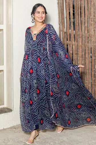 Brinda Blue Bandhani Suit Set Stylish Suit Set With Dupatta