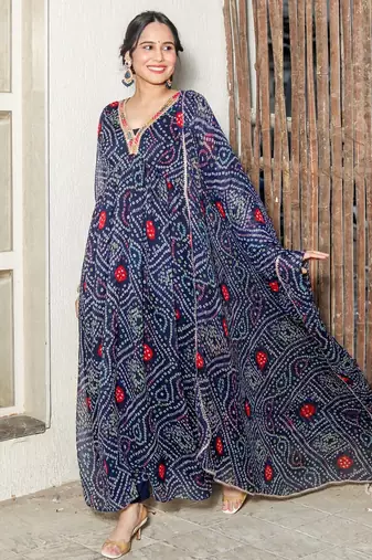Brinda Blue Bandhani Suit Set Stylish Suit Set With Dupatta
