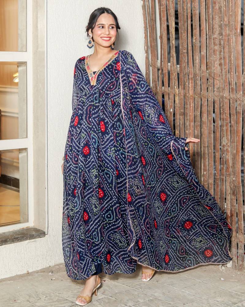 Brinda Blue Bandhani Suit Set Stylish Suit Set With Dupatta