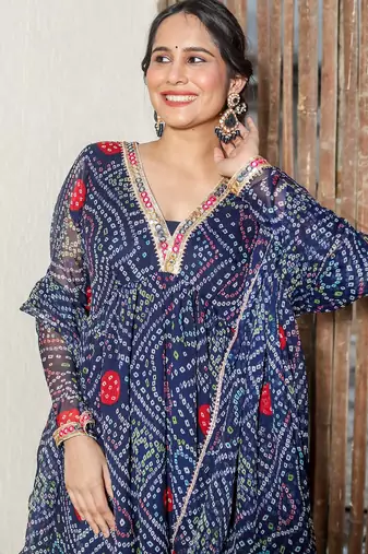 Brinda Blue Bandhani Suit Set Stylish Suit Set With Dupatta
