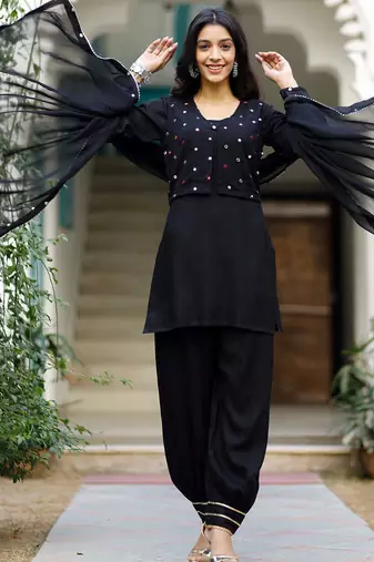 Black Mirror Work Suit Set With Jacket And Potli Heavy Five Piece Suit Set